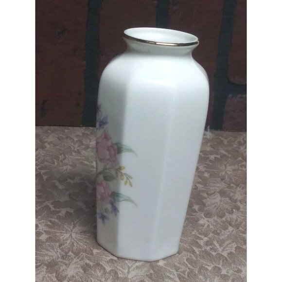 VINTAGE Fine China Bud Vase FLORAL Ivory Pink 6" MADE IN JAPAN Octagon gold trim - Picture 5 of 10